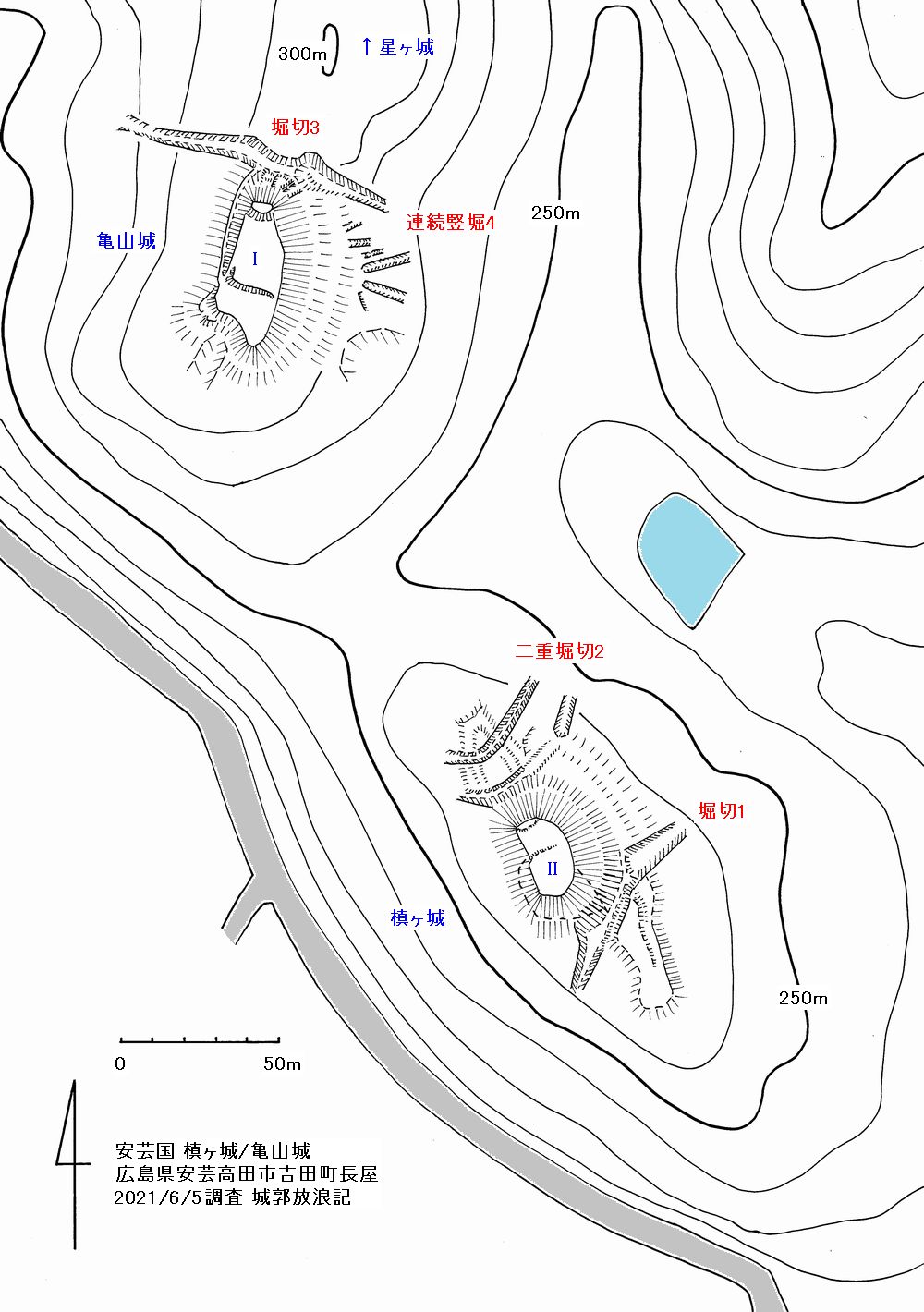 安芸 亀山城(吉田町)の縄張図