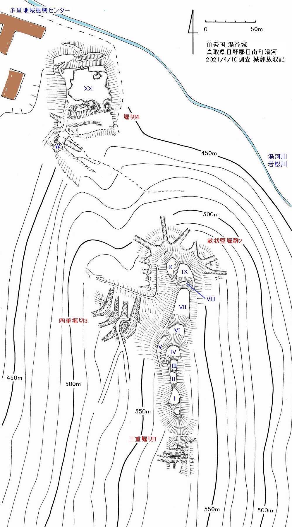 伯耆 湯谷城の縄張図