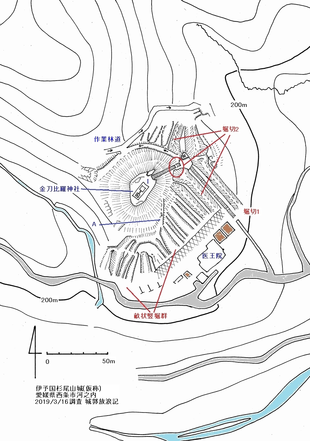 伊予 杉尾山城の縄張図