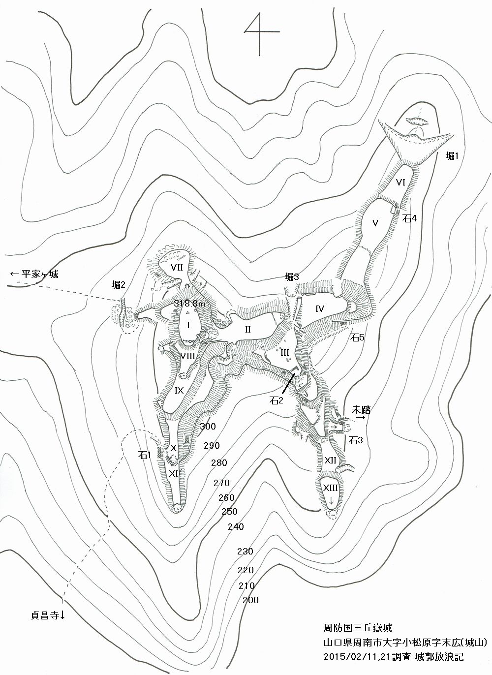 周防 三丘嶽城の縄張図